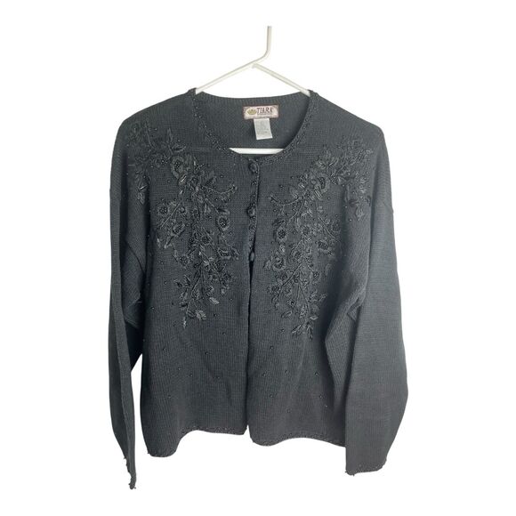 Vtg Tiara International Women’s Black Embroidered Ramie Cotton Knit Cardigan L - Picture 1 of 5
